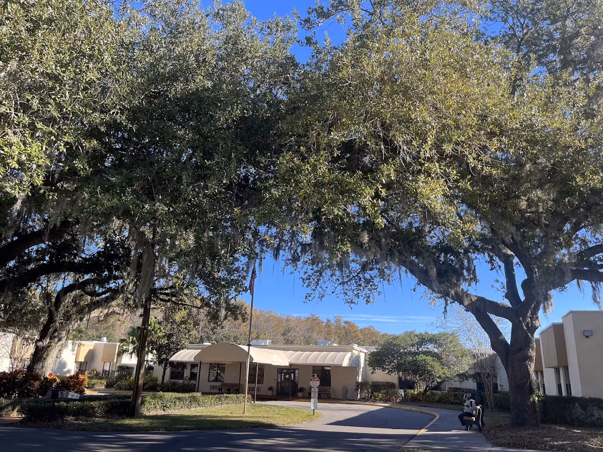 Exterior view of The Terrace of St. Cloud facility with large trees framing the entrance, a curved driveway, and a flagpole in front of the building under a clear blue sky.