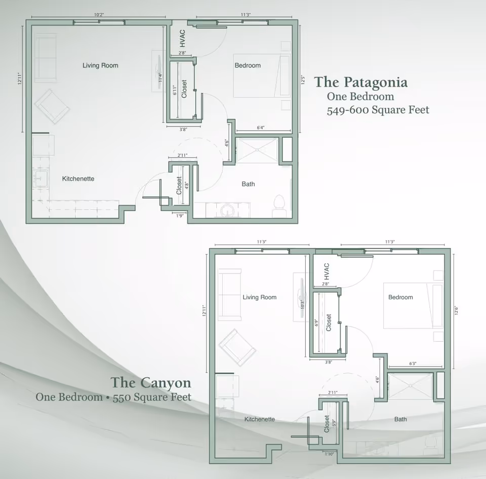 Architectural floor plans for two one-bedroom apartments named The Patagonia and The Canyon. Each plan shows a living room, kitchenette, bedroom, bathroom, closets, and HVAC areas with dimensions and square footage noted.