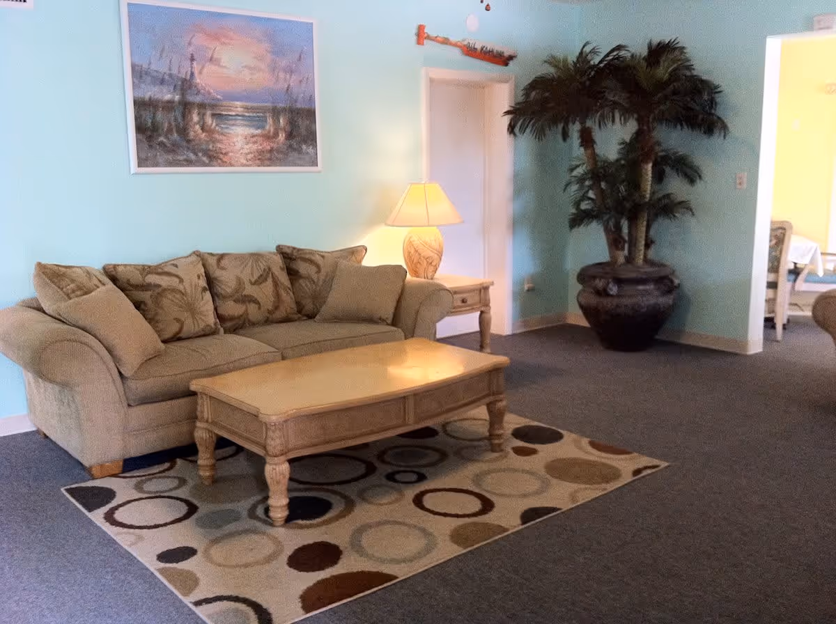 A cozy living room area with a beige couch adorned with patterned cushions, a wooden coffee table on a circular patterned rug, a side table with a lamp, a large potted plant, and a painting of a sunset over the ocean on a light blue wall.