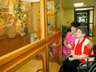 A caregiver in a pink uniform is sitting next to an elderly woman in a wheelchair. They are both looking through a large glass window at an indoor area with a tree and some plants. The setting appears to be inside a care facility hallway.
