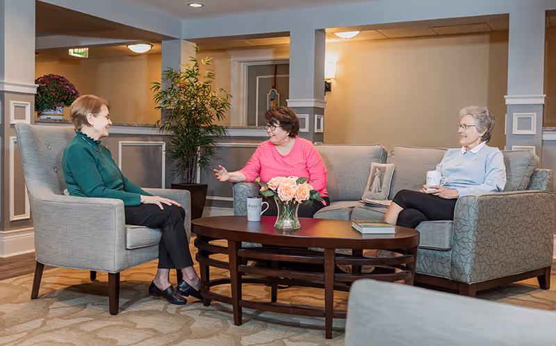 Three elderly women sitting and chatting in a well-lit living room area with comfortable armchairs and a sofa around a wooden coffee table with a vase of flowers and mugs.