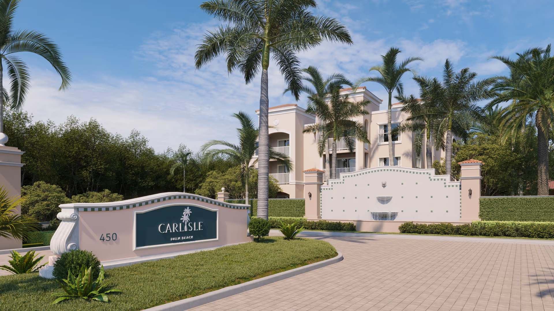 Entrance sign reading 'Carlisle Palm Beach' in front of a Mediterranean‑style assisted living building and gated driveway lined with palm trees.