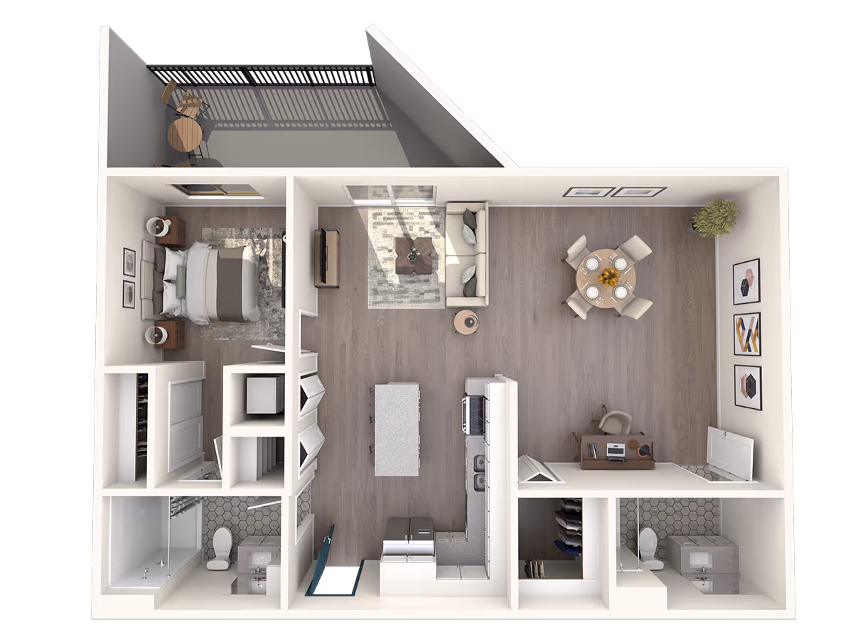 Top-down 3D floor plan rendering of a one-bedroom apartment with a living area, dining table, kitchen island, bedroom, two bathrooms, closets and a balcony.