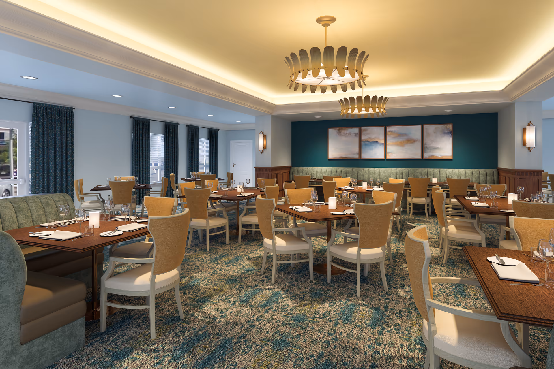 A spacious dining room with multiple wooden tables set with napkins, glasses, and candles. The room features beige upholstered chairs, green cushioned bench seating along the walls, blue patterned carpet, teal walls with framed artwork, and modern circular chandeliers hanging from a recessed ceiling with warm lighting.