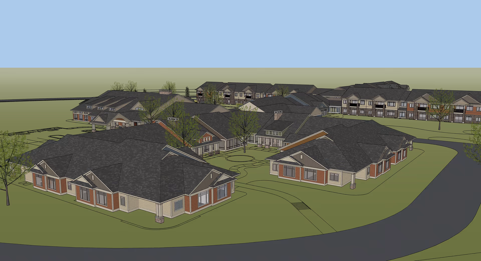 Aerial architectural rendering of a senior living campus with multiple one- and two-story buildings, lawns, trees, and driveways.