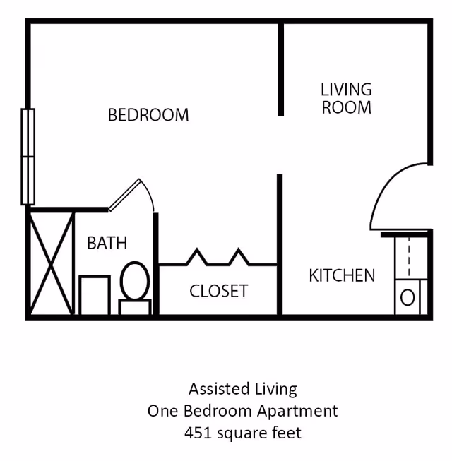 Floor plan of a one-bedroom assisted living apartment at The Waterford at College Station, showing a bedroom, bathroom, closet, kitchen, and living room in a 451 square feet layout.