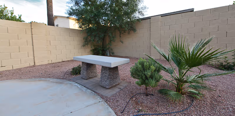 Brick courtyard with a concrete bench, palm tree, shrubs, and beige block walls.