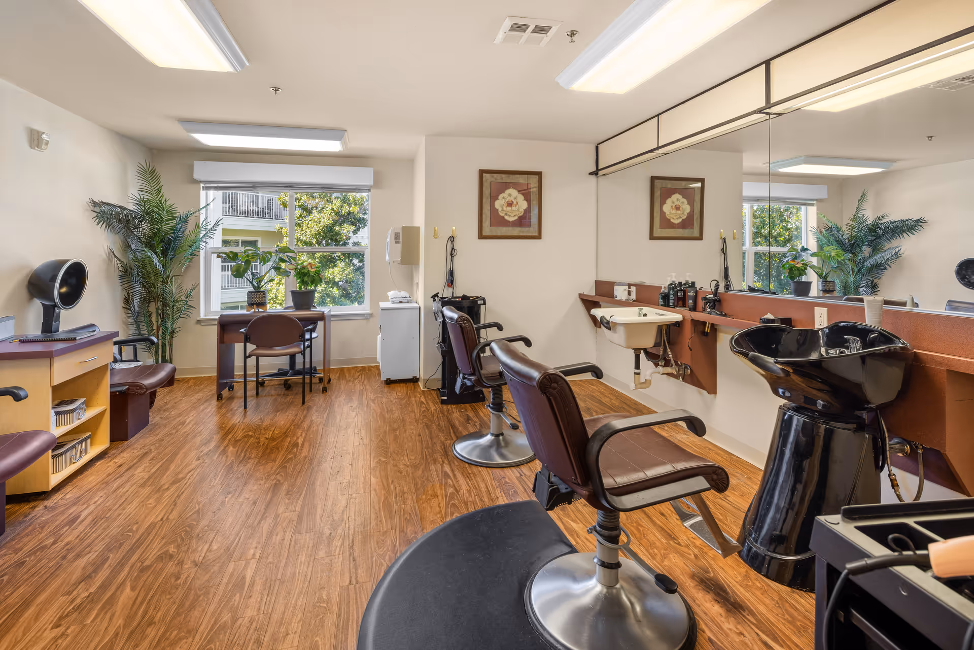 Interior of a senior living facility hair salon with wooden flooring, two salon chairs, a black hair washing station, a large mirror on the wall, a small desk with a chair near a window, and several potted plants.