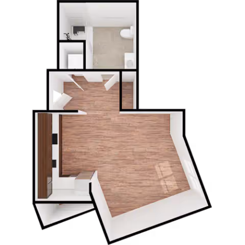 3D floor plan of a small apartment unit featuring a main living area with wood flooring, a kitchen area with cabinetry and appliances, and a bathroom with tiled flooring including a toilet and sink.