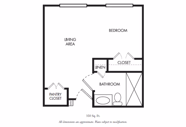 Black-and-white floor plan of a 350 sq. ft. studio showing a living area, bedroom, bathroom with tub, pantry closet, linen and closet.