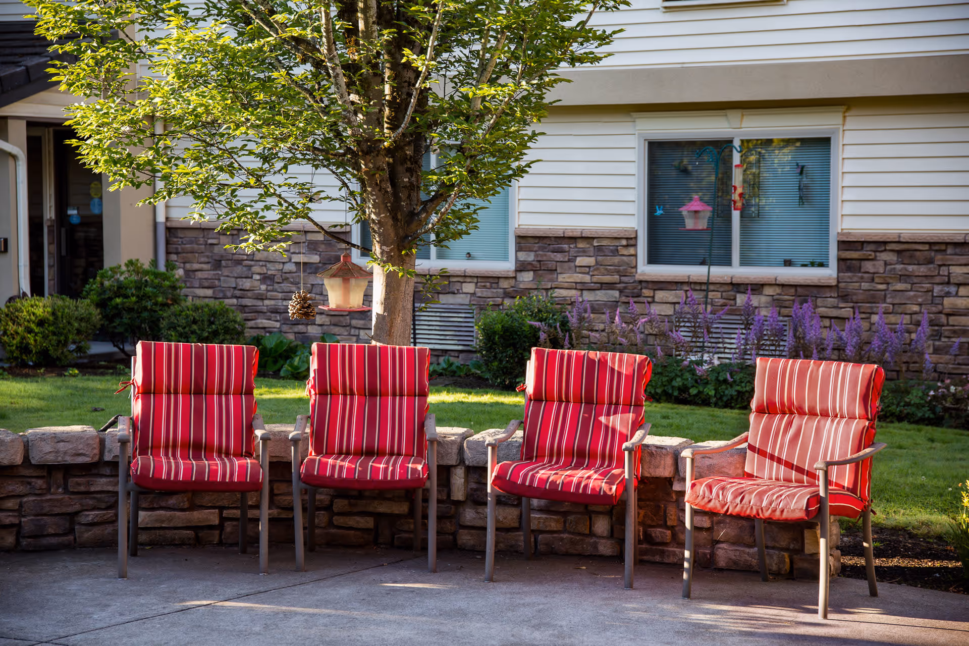 Four red cushioned chairs with striped patterns arranged in a row on a concrete patio in front of a low stone wall. Behind the wall is a green lawn with bushes, purple flowers, and a tree with bird feeders hanging from its branches. A building with stone and white siding and windows is visible in the background.