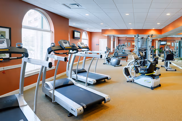 Bright fitness room with treadmills, recumbent bikes, and weight machines, arched windows, and a mirrored wall.