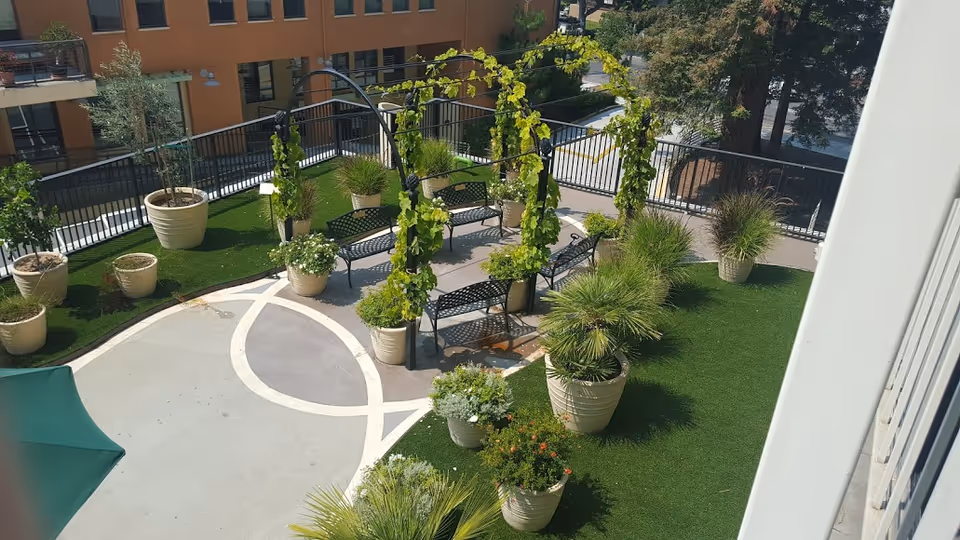 Outdoor patio area with multiple potted plants and greenery arranged around benches and a paved walkway, enclosed by a black metal fence, adjacent to a building.