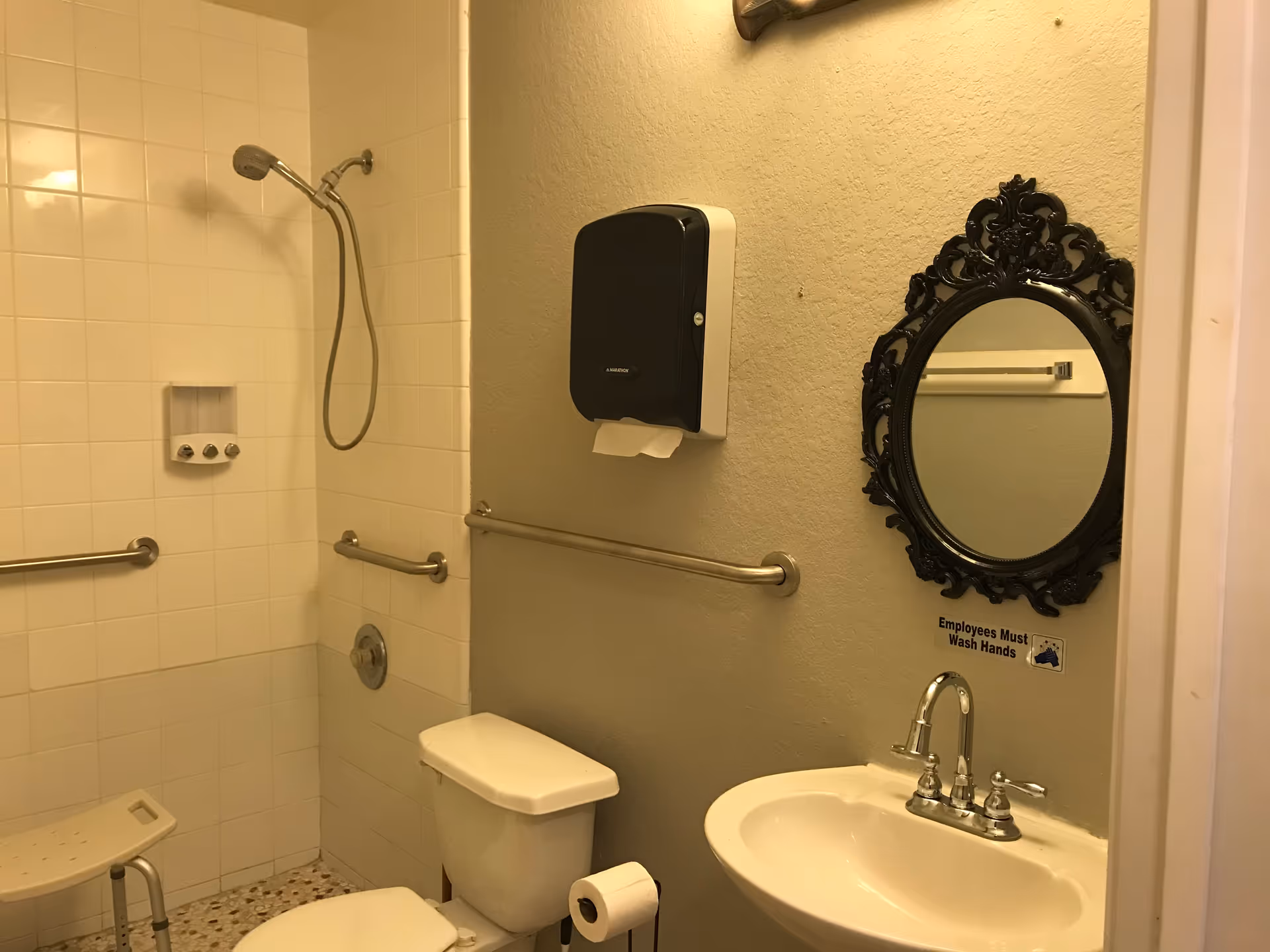 Accessible bathroom with a tiled walk-in shower (handheld head and seat), grab bars, toilet, sink with an ornate mirror, and a wall-mounted paper towel dispenser.
