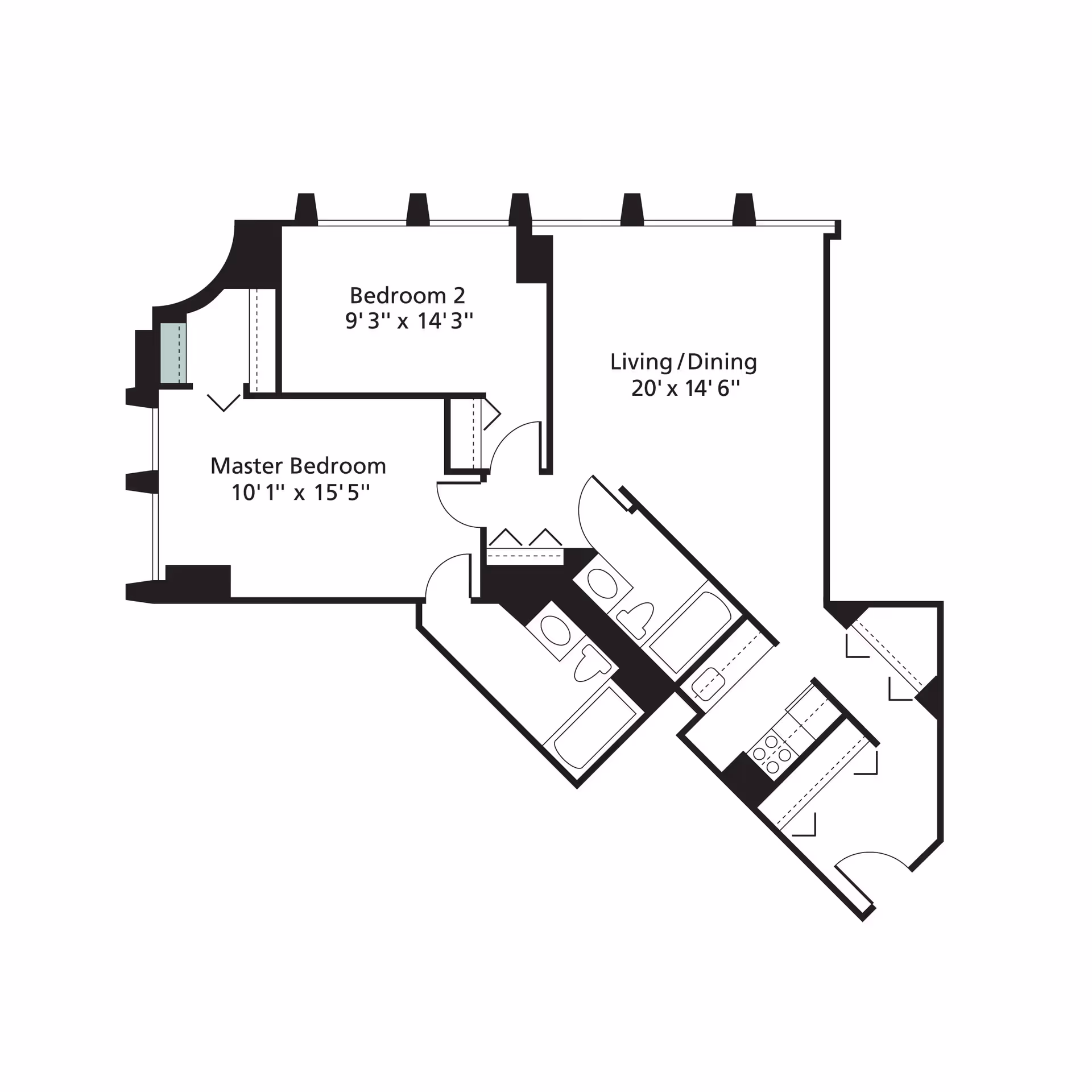 Floor plan of an apartment at The Breakers at Edgewater Beach showing two bedrooms, a combined living and dining area, two bathrooms, and a kitchen.