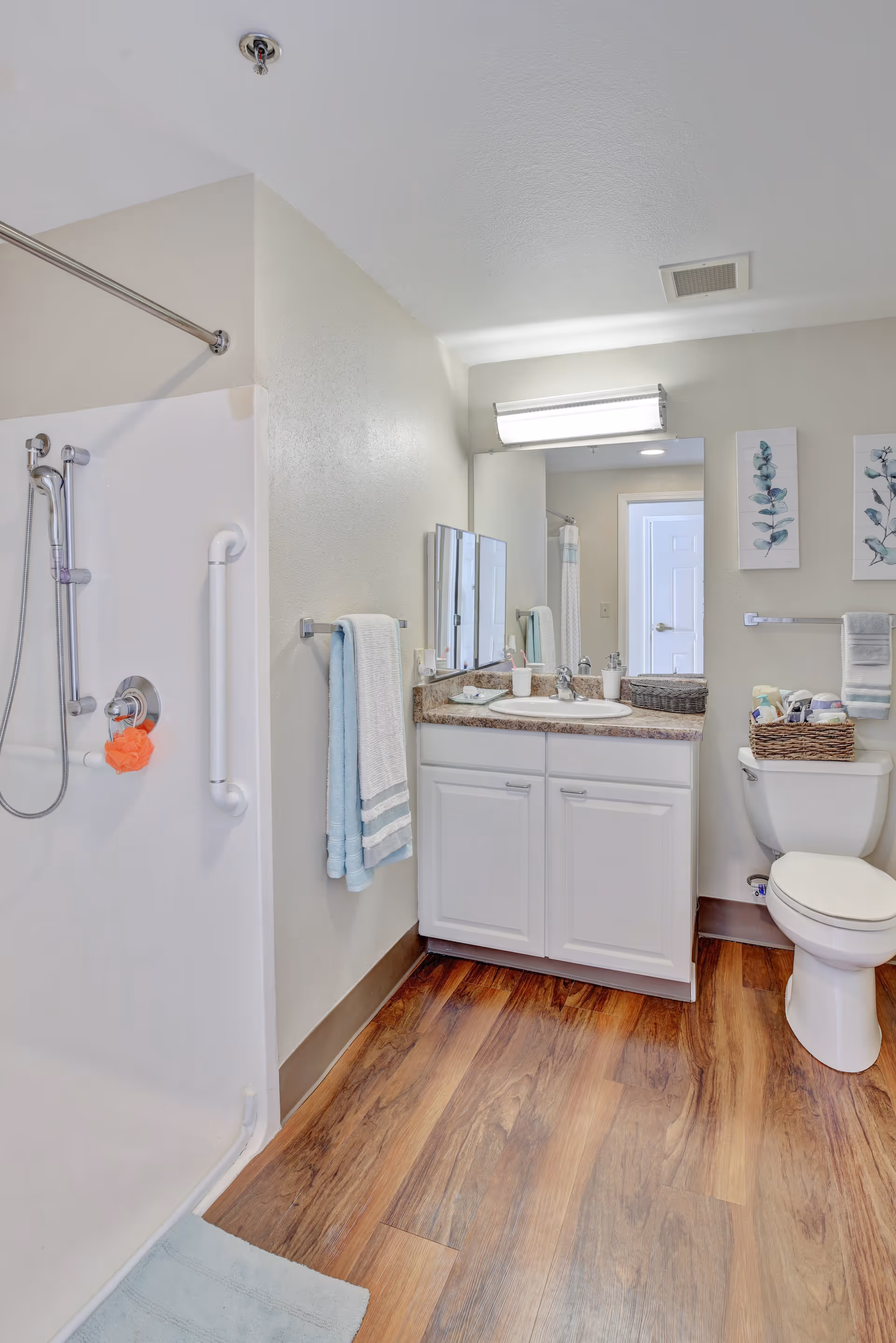 A clean and well-lit bathroom featuring a white shower with a handheld showerhead and grab bars, a vanity with a sink and countertop holding a basket and toiletries, a toilet with a basket of supplies on top, two framed botanical prints on the wall, and wood-style flooring.