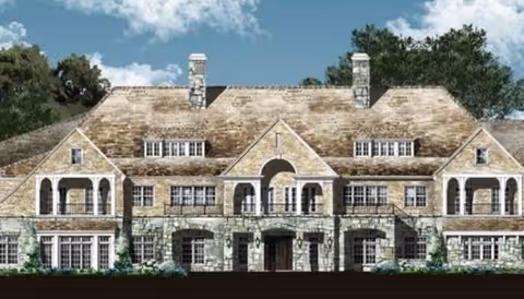 Rendering of the front facade of a large stone-faced multi-story senior living building with arched entrances, balconies, and a pitched roof against a blue sky.