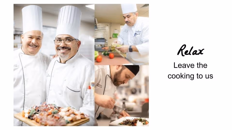 Three chefs in a kitchen preparing and presenting food. One chef is holding a platter of assorted appetizers and smiling at the camera. Another chef is focused on plating food, and a third chef is preparing ingredients. Text on the right side says 'Relax Leave the cooking to us'.
