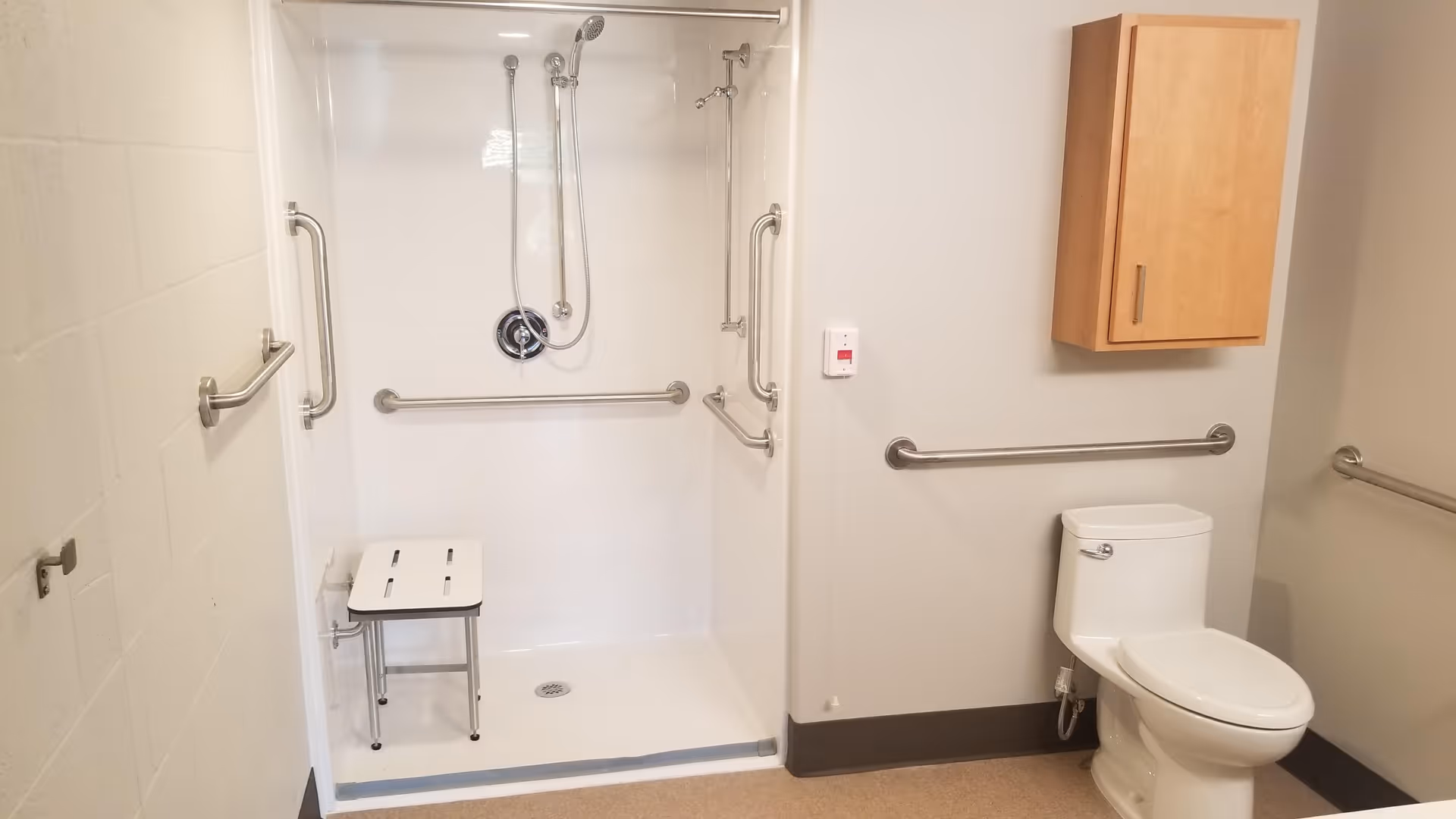 Accessible bathroom featuring a roll-in shower with a shower seat and multiple grab bars, a toilet, and a wall-mounted cabinet.