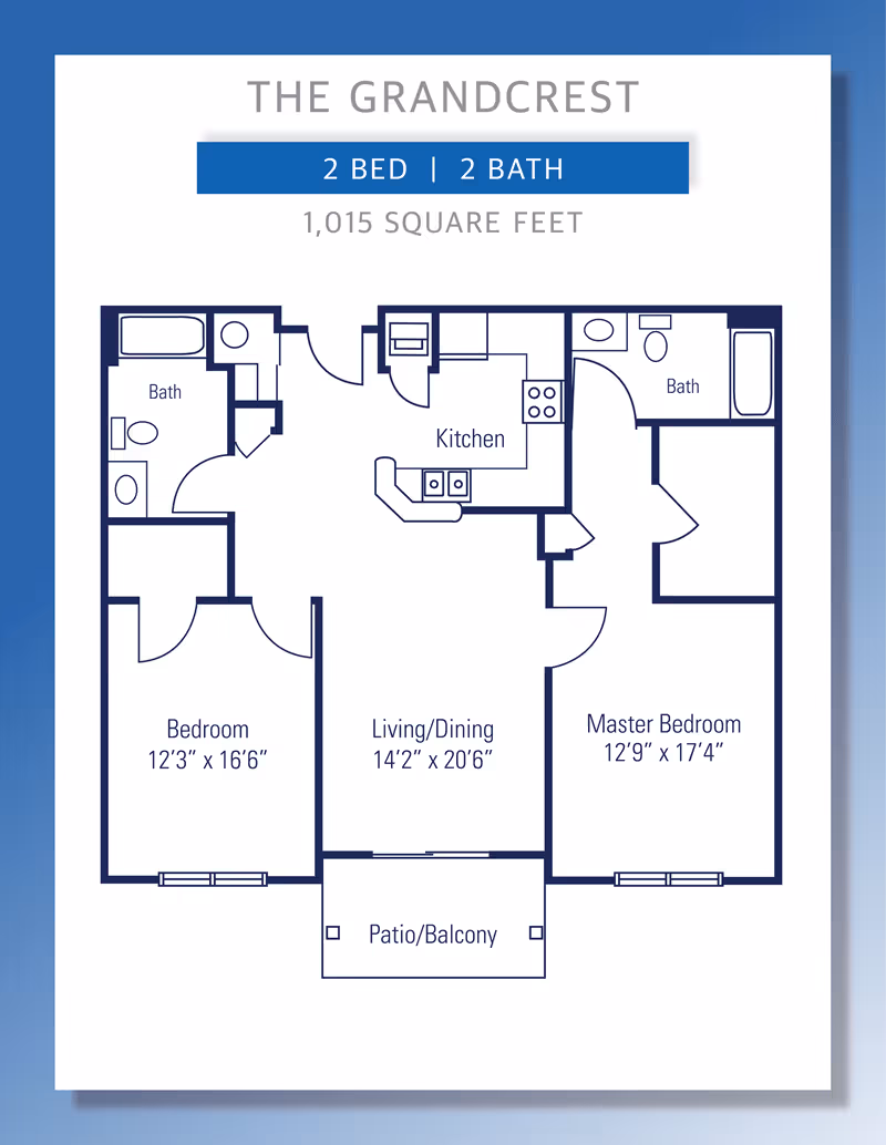Floor plan titled 'The Grandcrest' for a 2 bed, 2 bath 1,015 sq ft apartment showing a kitchen, living/dining area, patio/balcony and labeled room dimensions.