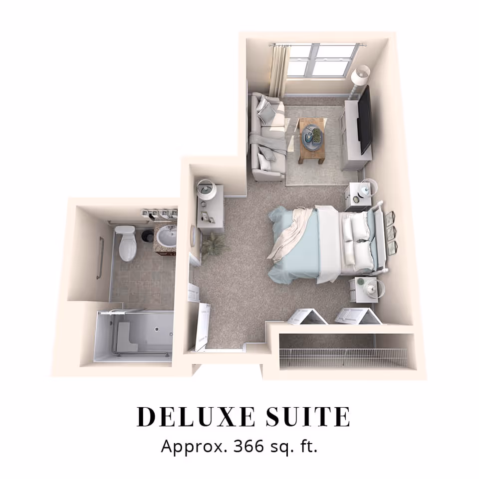 3D floor plan of a deluxe studio suite showing a bed, seating area with TV, bathroom with shower, and a closet, labeled approx. 366 sq. ft.