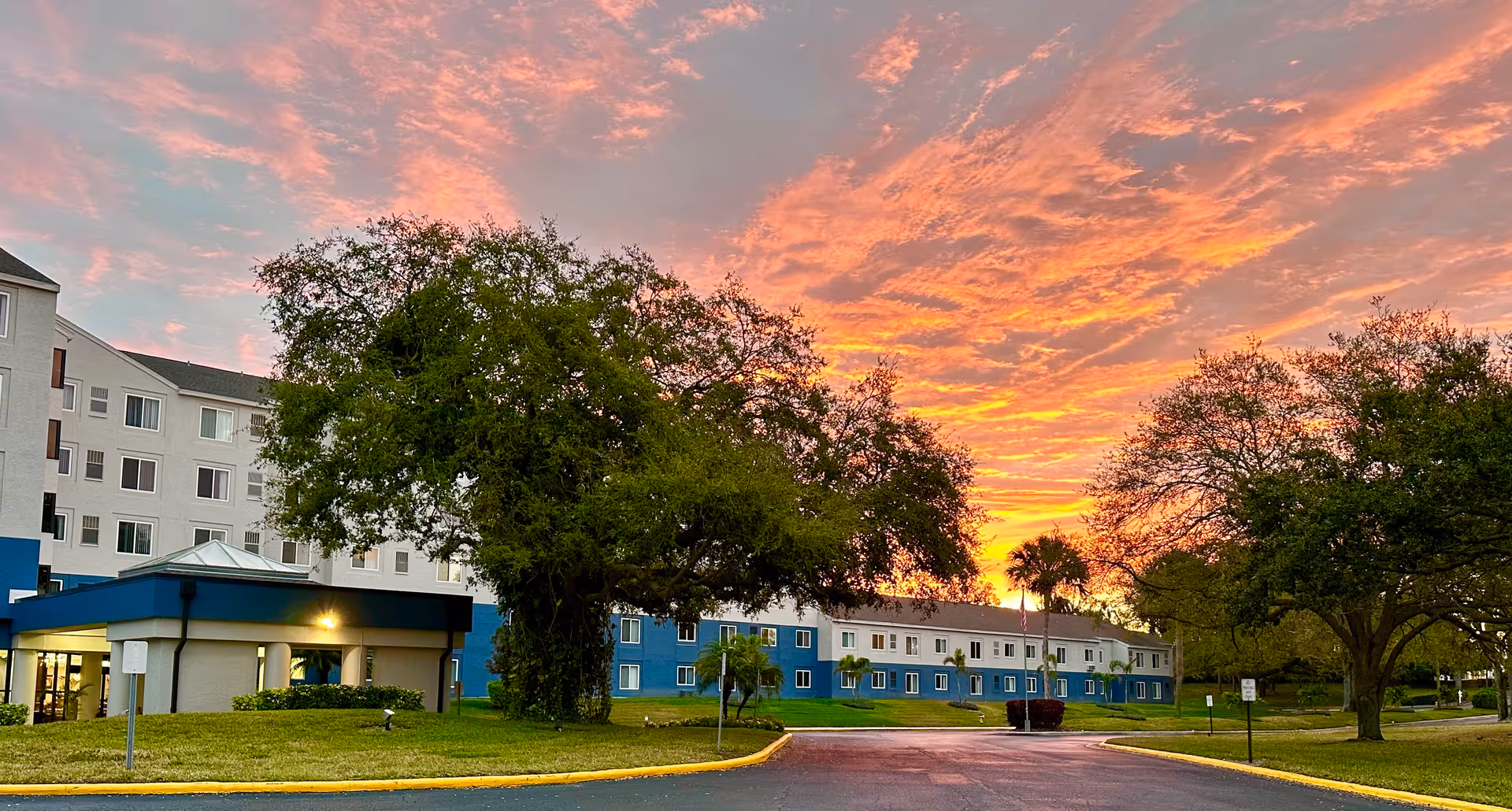 Exterior view of Spring Haven senior living facility at sunset with trees and entrance.