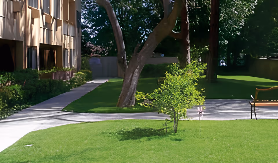 Outdoor garden area at Cedars Assisted Living with a paved walkway, green grass, trees, bushes, and a wooden bench on the right side.
