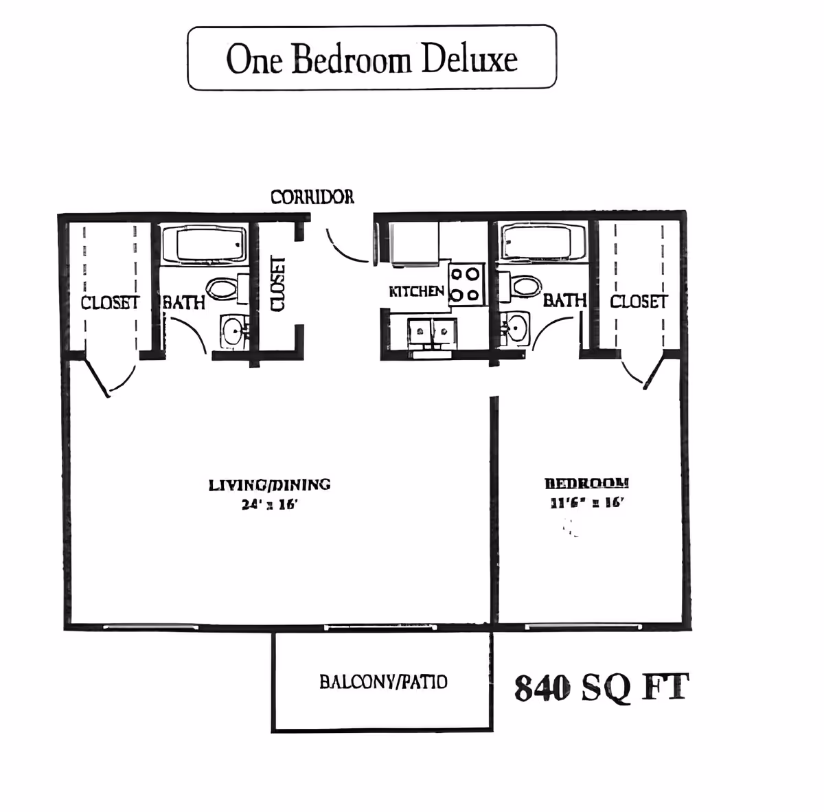 Floor plan labeled One Bedroom Deluxe showing a layout with a living/dining area, bedroom, kitchen, two bathrooms, two closets, a corridor, and a balcony/patio. The total area is 840 square feet.