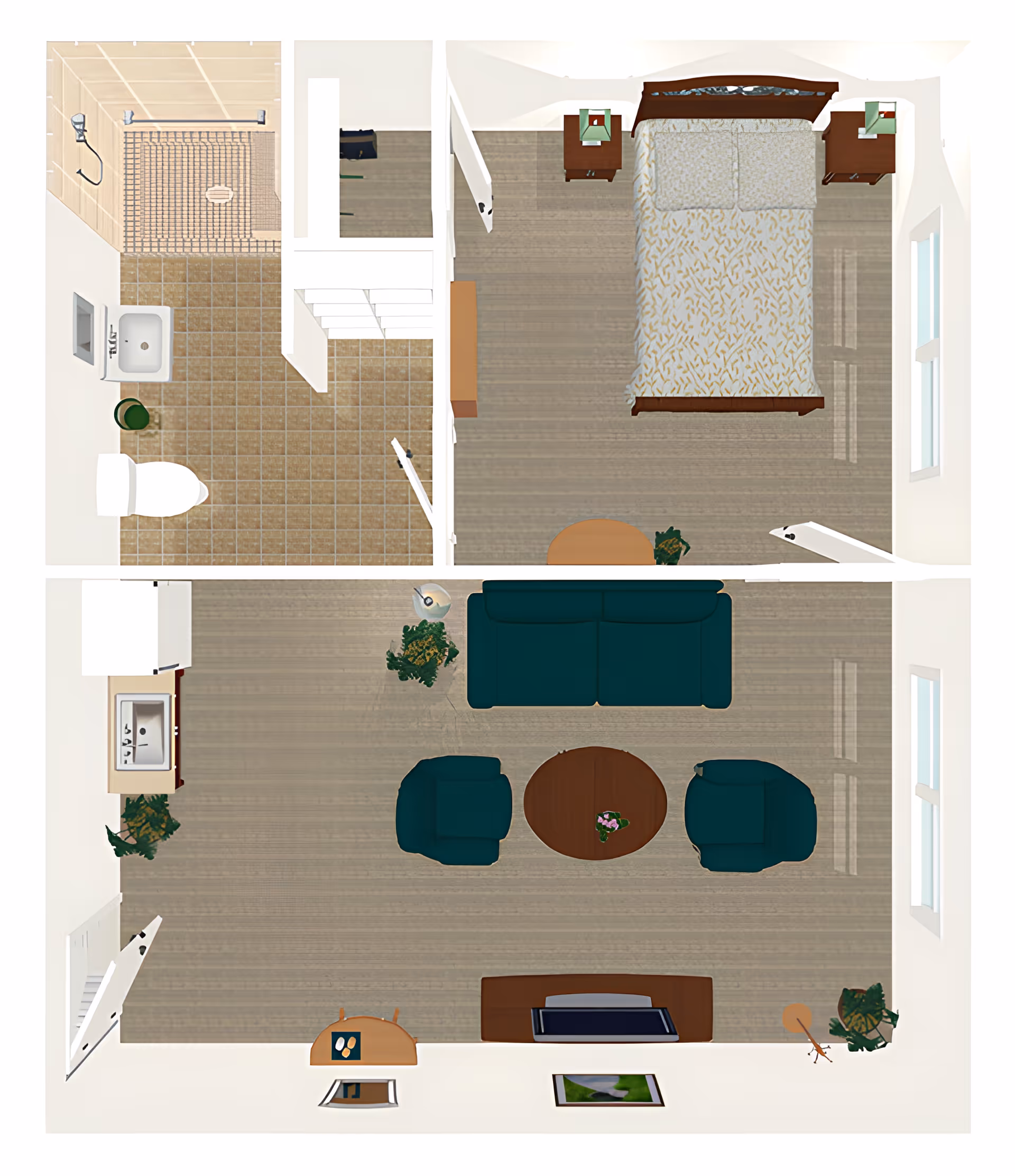 Top-down view of a senior living facility apartment layout showing a bedroom with a bed and two nightstands, a bathroom with a shower, toilet, and sink, and a living room area with a sofa, two armchairs, a coffee table, a TV stand, and some plants.