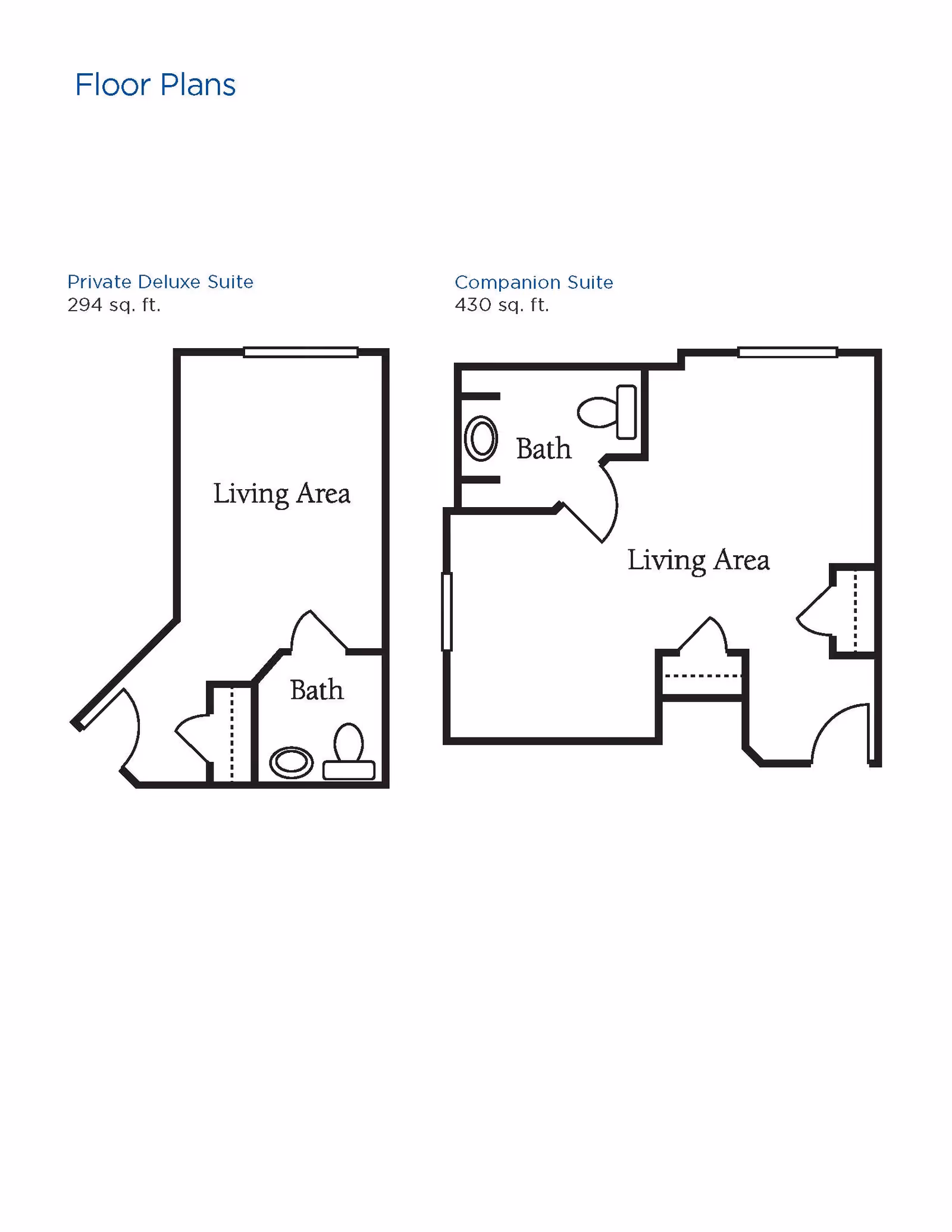 Floor plans for two types of suites at Brookdale Williamsville: Private Deluxe Suite with 294 sq. ft. featuring a living area and bath, and Companion Suite with 430 sq. ft. featuring a living area and bath.