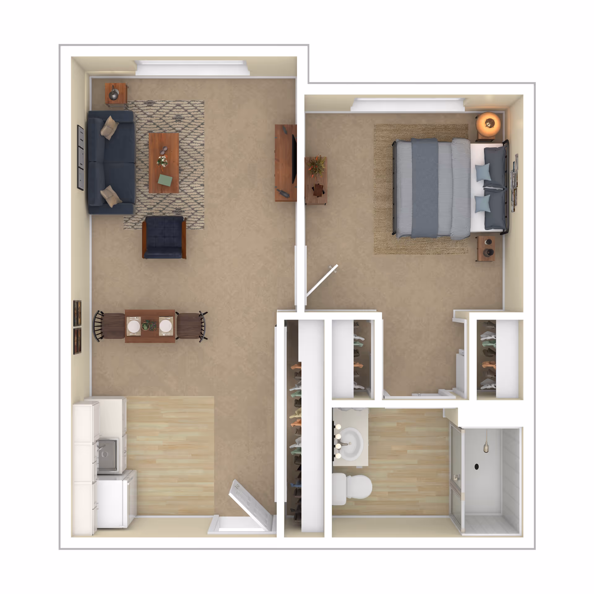 Top-down view of a one-bedroom apartment floor plan featuring a living room with a sofa, armchair, coffee table, TV, and dining table; a kitchen area with appliances; a bedroom with a bed, nightstands, and a dresser; a bathroom with a sink, toilet, and shower; and multiple closets.
