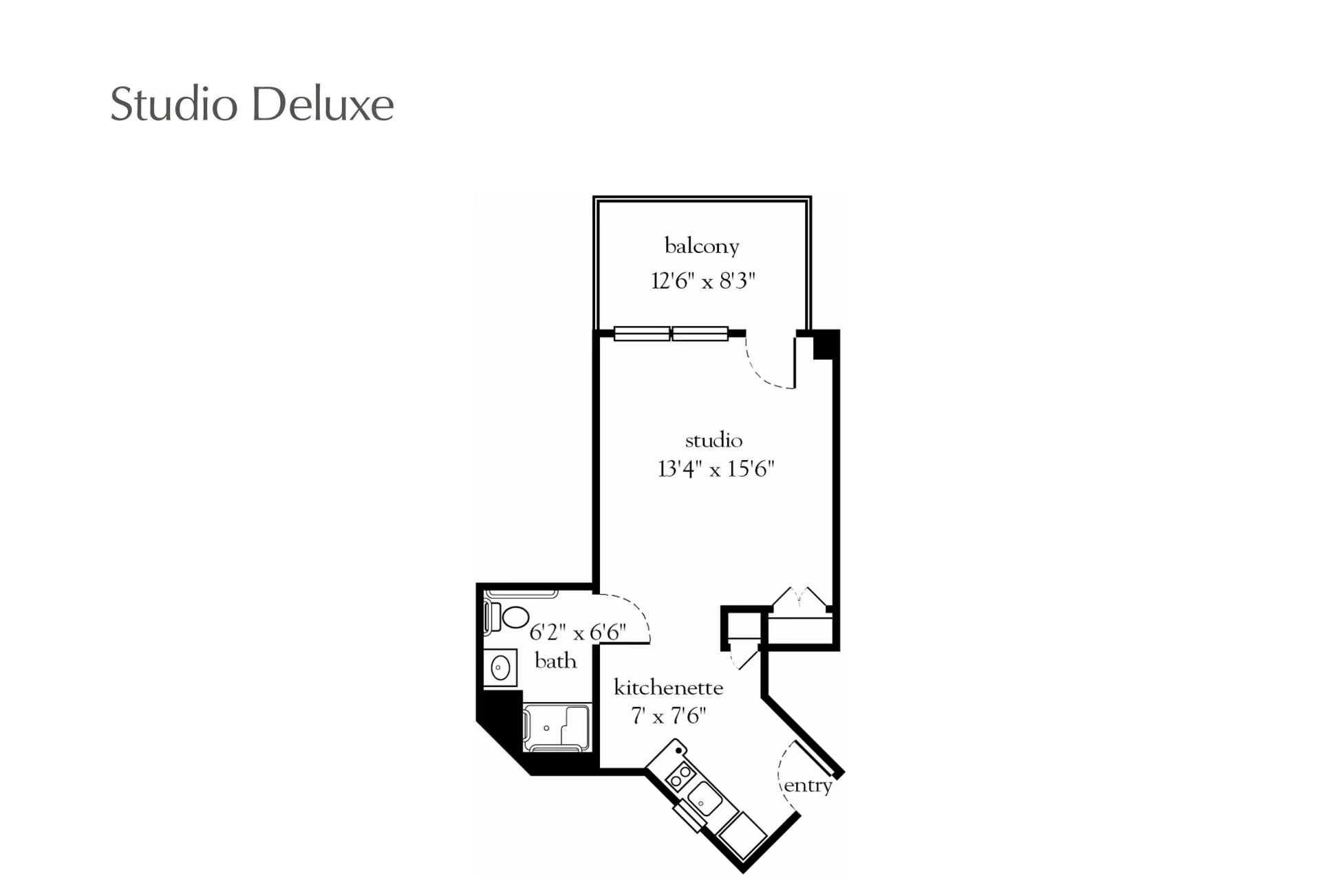 Floor plan of a Studio Deluxe apartment at Atria Harborhill showing a balcony measuring 12'6" x 8'3", a studio area measuring 13'4" x 15'6", a bath measuring 6'2" x 6'6", a kitchenette measuring 7' x 7'6", and an entry area.