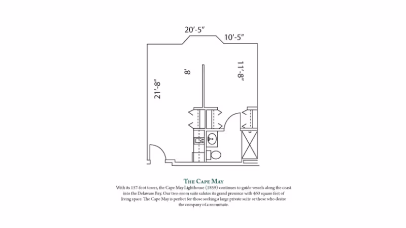 Architectural floor plan of The Cape May two-room suite at Brandywine Seaside Pointe by Monarch, showing dimensions and layout including a bathroom with toilet and sink, closets, and living space.