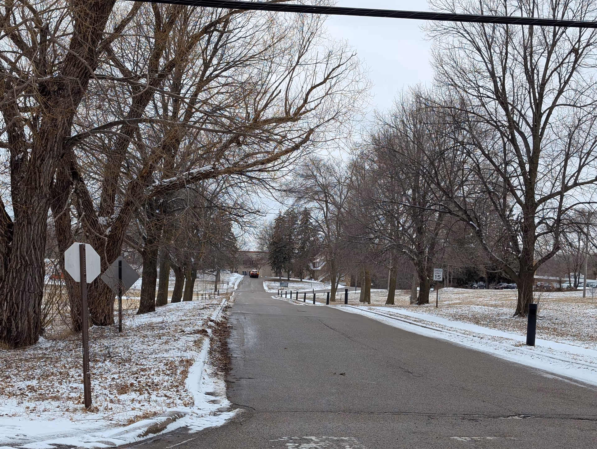 A paved road lined with leafless trees on both sides during winter with a light dusting of snow on the ground. There are traffic signs visible, including a speed limit sign of 15 mph. A few cars are parked in the distance near some buildings.