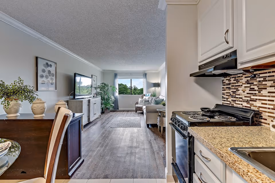 View from a kitchen area looking into a living room with a large window showing greenery outside. The kitchen has a stove, granite countertop, and white cabinets. The living room features a TV on a stand, a sofa, armchairs, a floor lamp, and decorative plants. There is a dining table with chairs and decorative items on the left side.