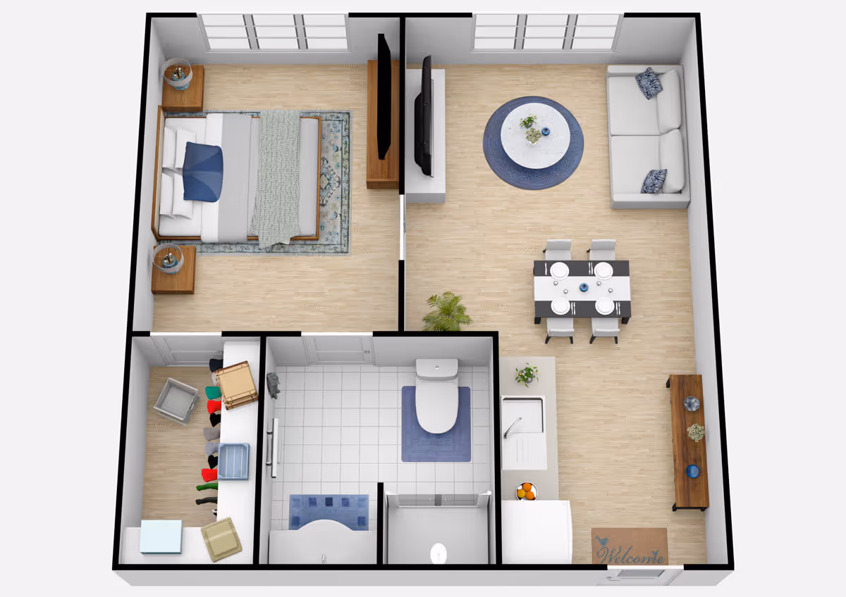 3D floor plan of a senior living apartment at The Renaissance of Florence showing a bedroom with a bed and nightstands, a living room with a sofa, round coffee table, dining table with four chairs, a bathroom with a toilet, shower, and sink, and a closet with clothes and storage items.