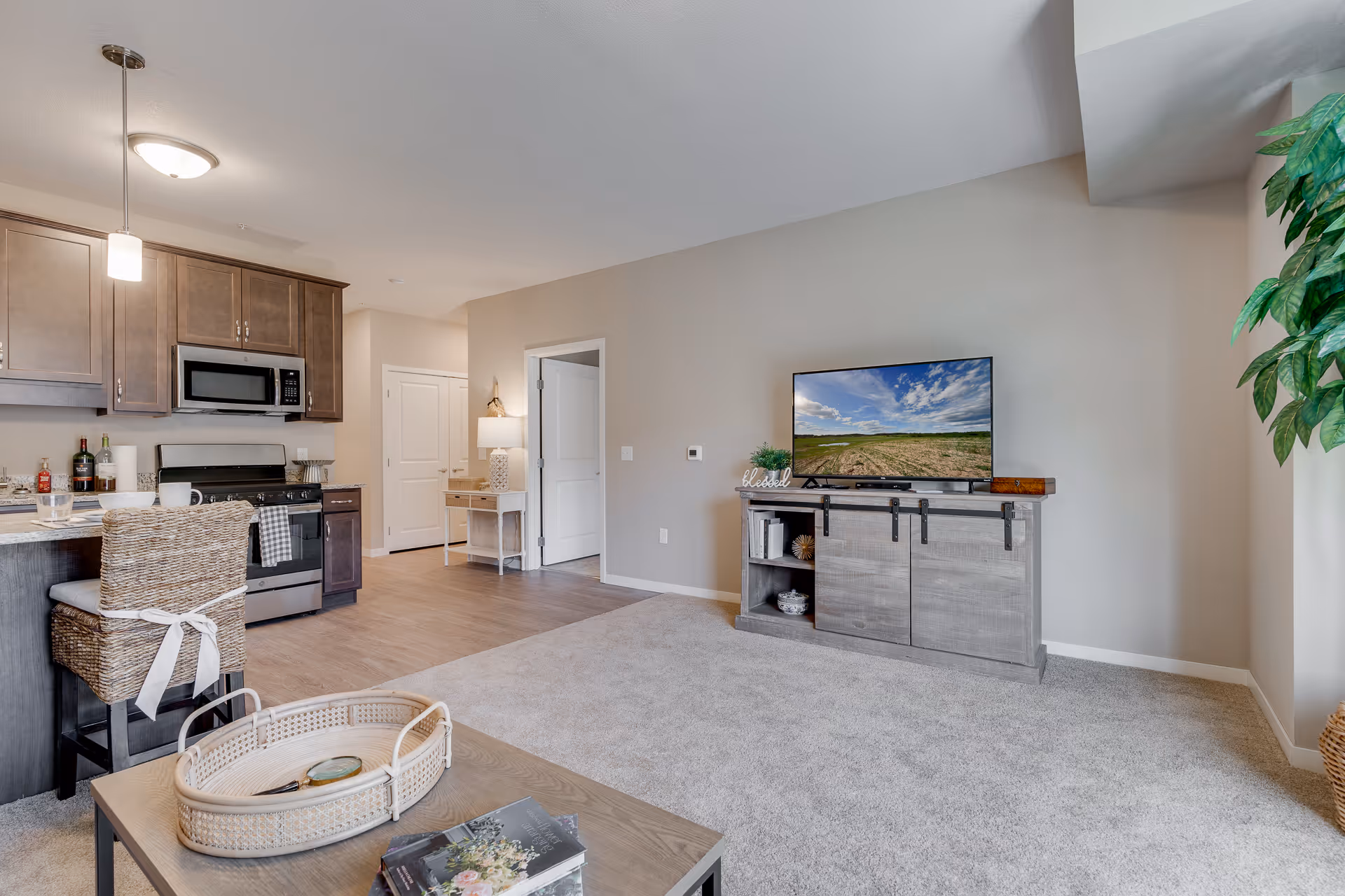 A modern open-concept living area in a senior living facility featuring a kitchen with dark wood cabinets, a stove, microwave, and a breakfast bar with woven chairs. The living room area has a carpeted floor, a wooden TV stand with a flat-screen TV displaying a landscape, a coffee table with a decorative tray and books, and a large green plant in the corner.