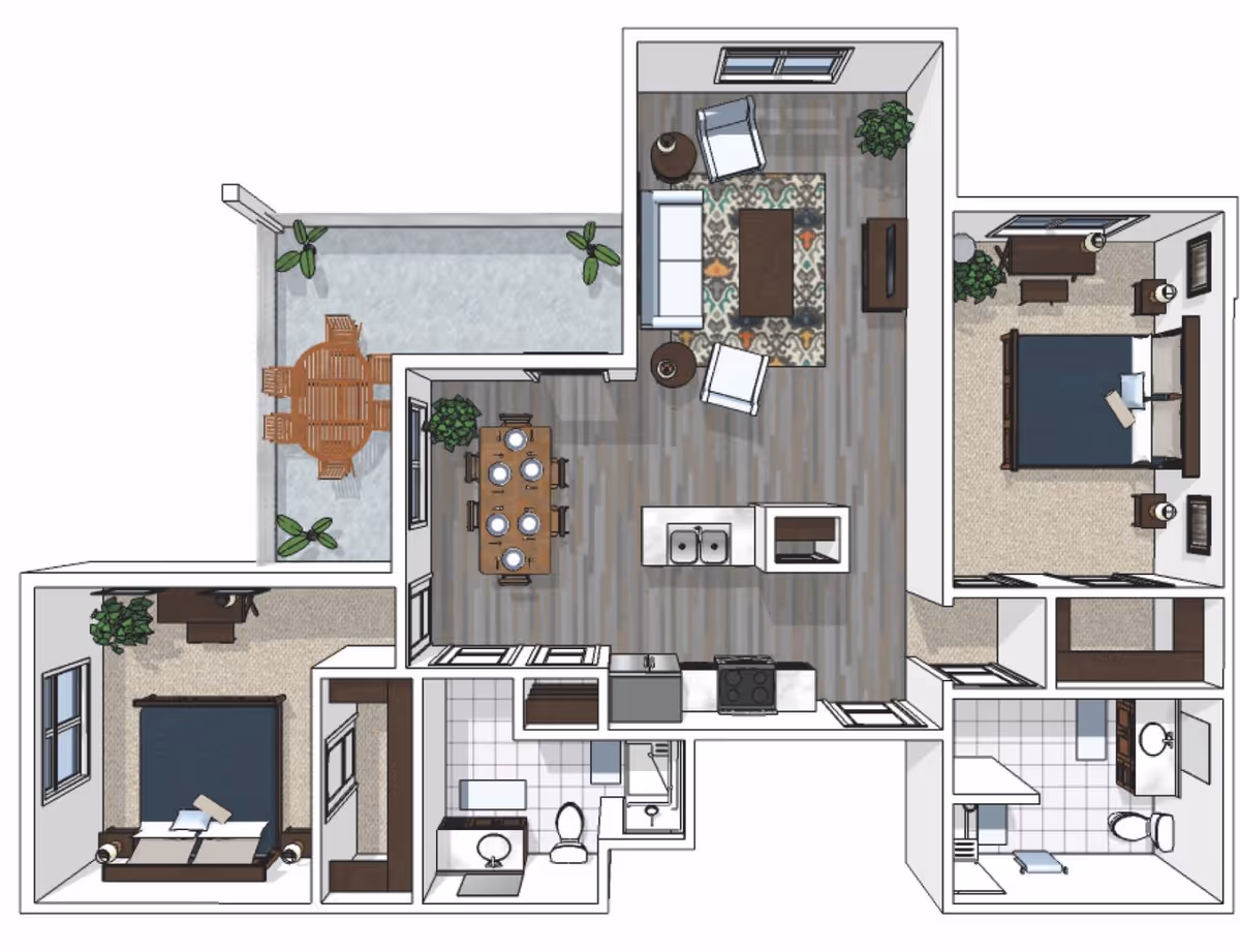 Top-down floor plan of a senior living apartment featuring two bedrooms, two bathrooms, a kitchen with an island, a dining area with a table set for six, a living room with a sofa and two chairs, and an outdoor patio with a round table and four chairs. The bedrooms have beds, nightstands, and desks, and the bathrooms include sinks, toilets, and showers.