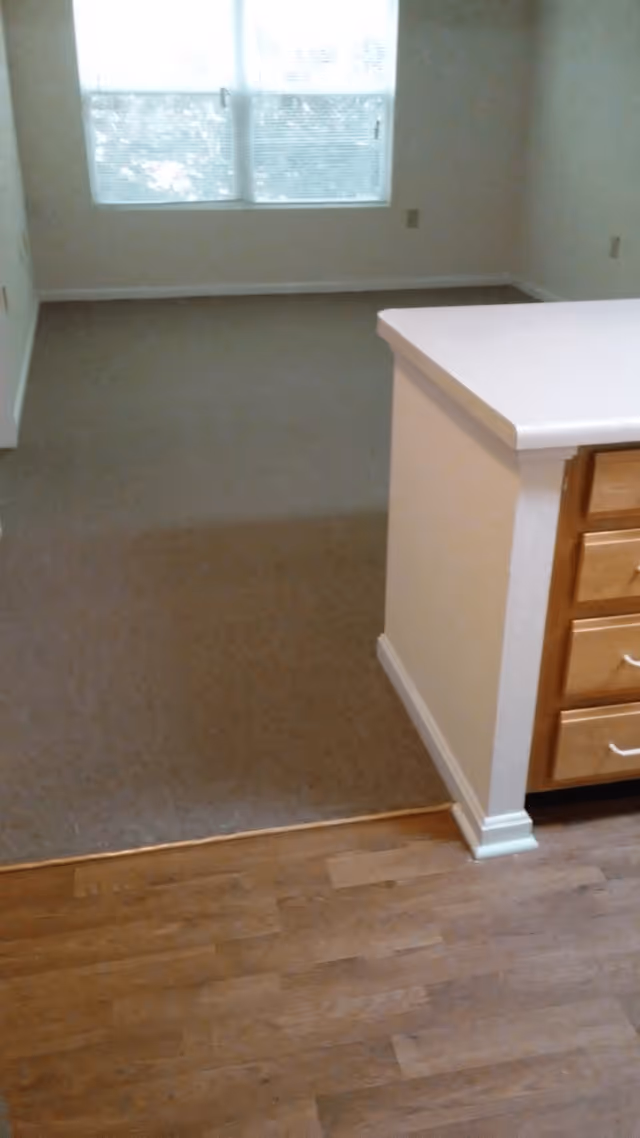 View from a kitchen area showing a countertop and drawers leading into a carpeted living room with a window.