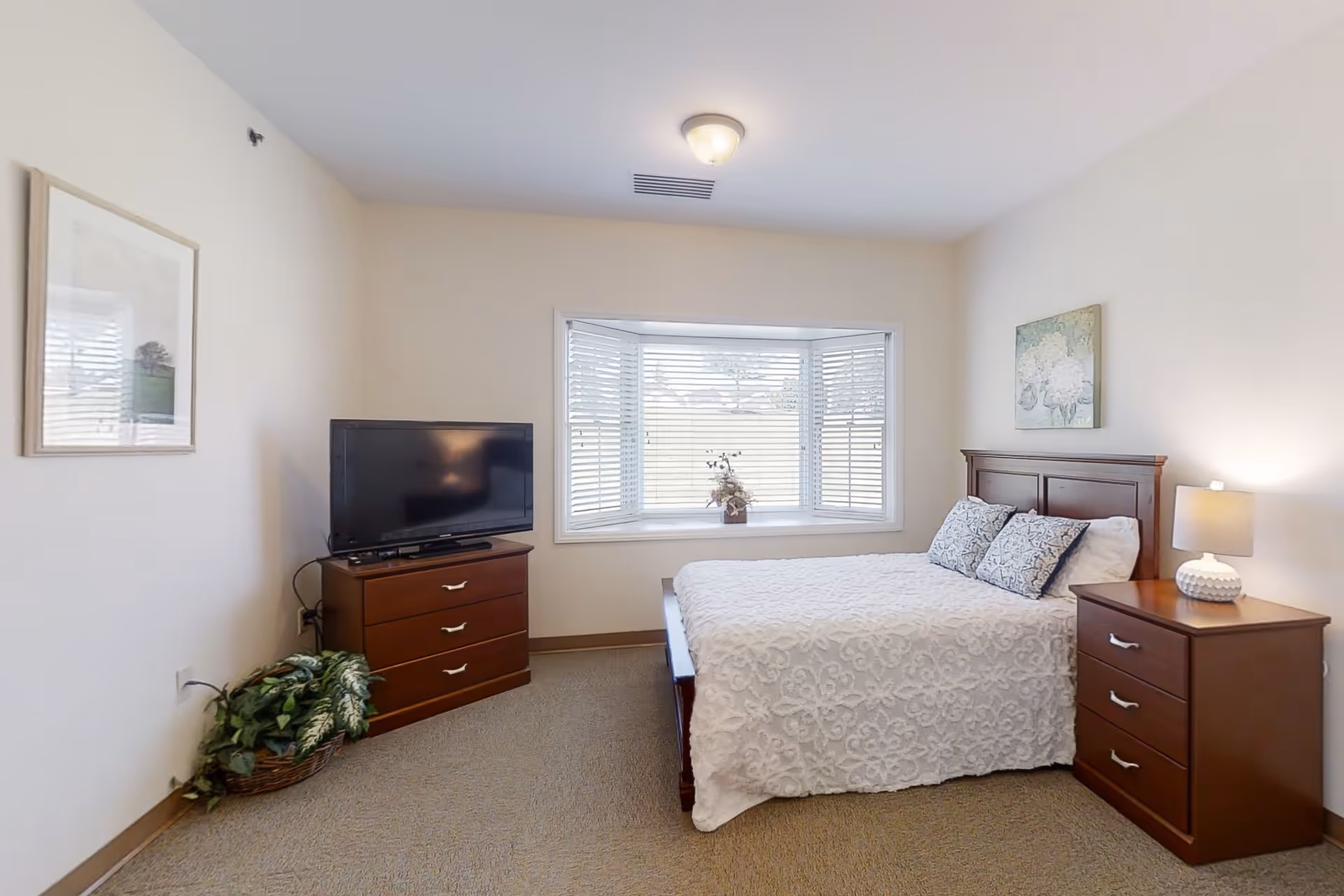 A bedroom with a large bed covered in a white textured bedspread and two patterned pillows. There is a wooden nightstand with a lamp on the right side of the bed and a wooden dresser with a flat-screen TV on the left side. A basket with green plants is placed on the floor next to the dresser. The room has beige walls, a carpeted floor, a framed picture on the left wall, and a floral painting above the bed. A large bay window with white blinds lets in natural light.