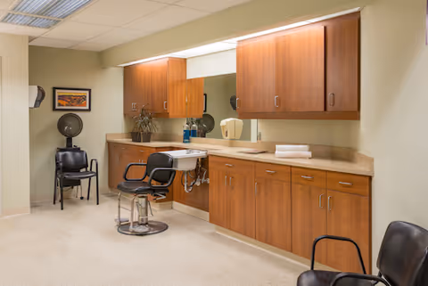 Interior of a salon or grooming area with wooden cabinets, a large mirror, a sink, and black salon chairs. The room has beige walls and carpeted flooring, with a hair dryer chair in the corner and a framed picture on the wall.