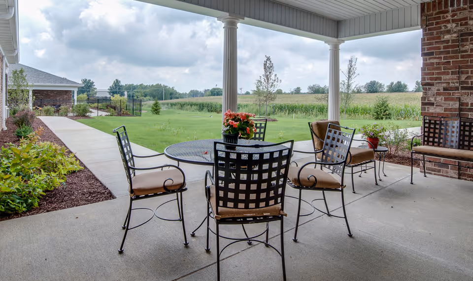 Covered outdoor patio area with metal table and chairs, potted flowers on the table, and a view of a grassy field and trees under a cloudy sky.