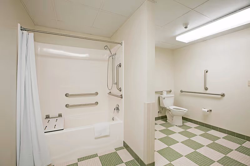 Accessible bathroom with a bathtub/shower, multiple grab bars, a shower seat, and a toilet on green-and-white tiled floor.