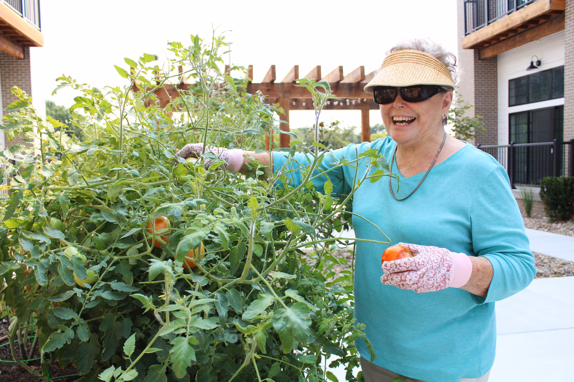 An elderly woman wearing sunglasses, a visor, and gardening gloves is smiling while picking ripe tomatoes from a lush garden at an outdoor area of a senior living facility.