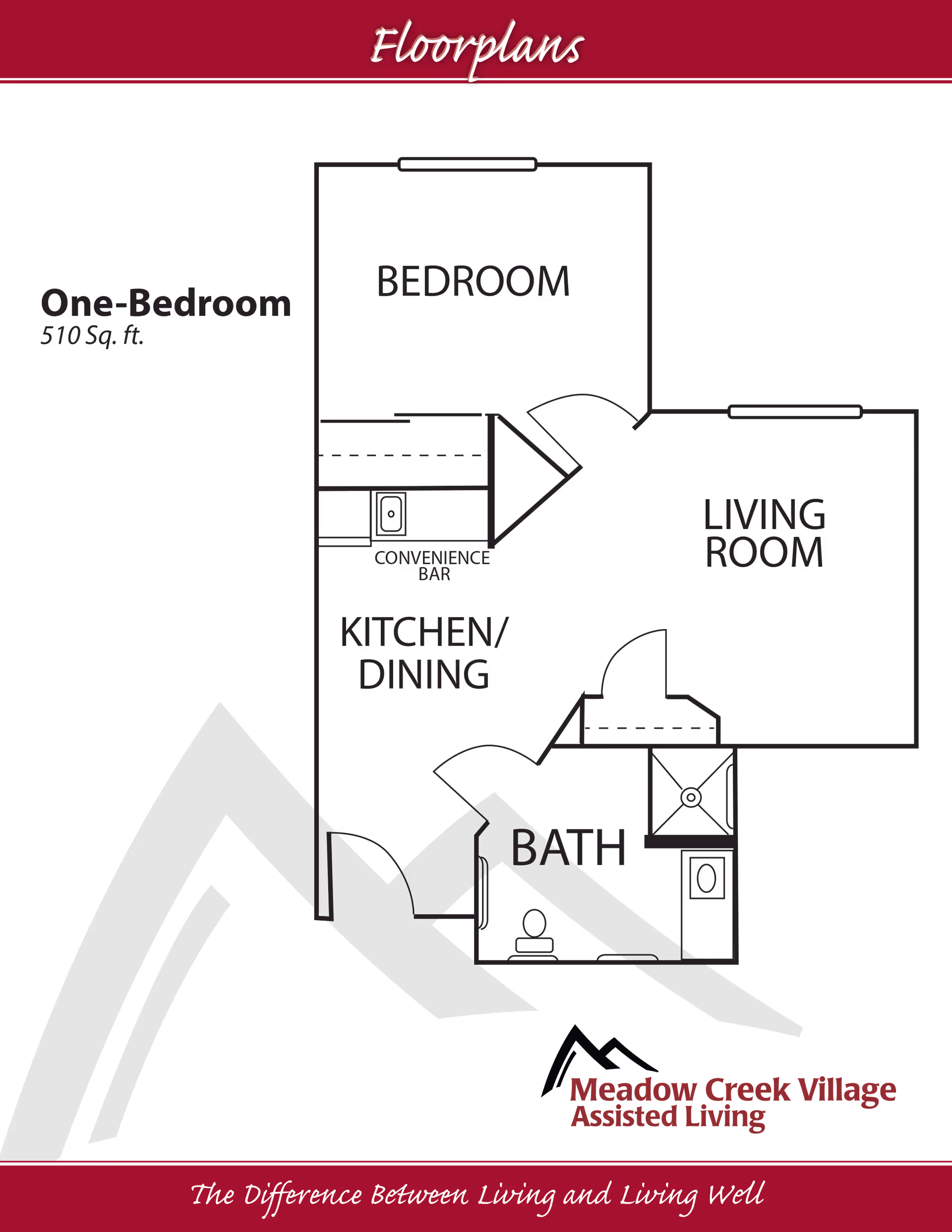 Floor plan diagram of a one-bedroom 510 sq. ft. apartment showing labeled bedroom, living room, kitchen/dining, bath and a convenience bar.