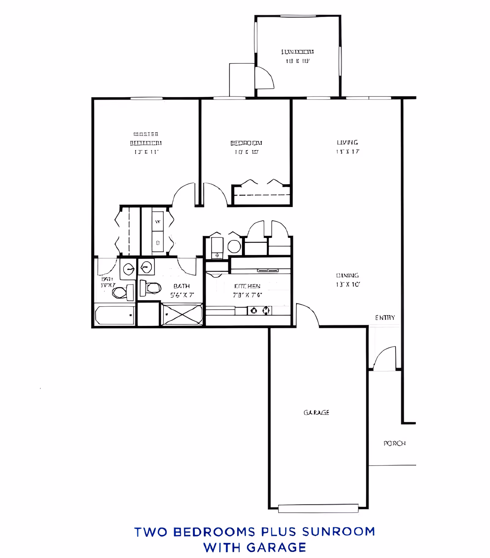 Black-and-white floor plan drawing of a two-bedroom residence with a sunroom, garage, kitchen, living and dining areas.
