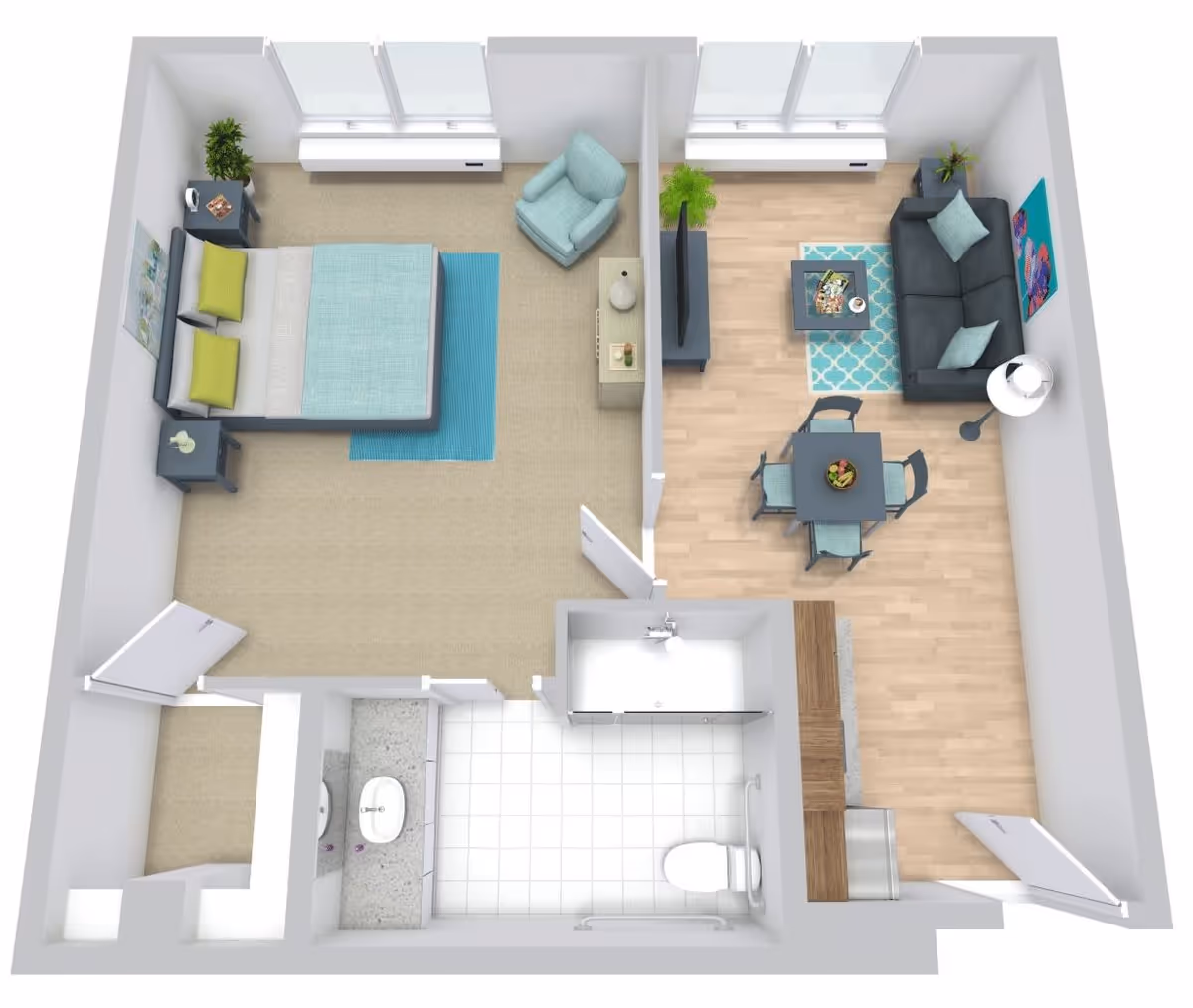3D floor plan of a one-bedroom apartment featuring a bedroom with a bed, two nightstands, an armchair, and a rug. Adjacent to the bedroom is a living room with a sofa, coffee table, dining table with four chairs, a floor lamp, and a TV on a stand. The apartment also includes a bathroom with a sink, toilet, and shower area, and a small kitchen area with cabinetry and appliances.