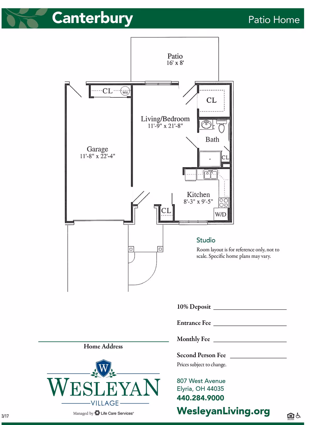 Floor plan of a studio patio home named Canterbury at Wesleyan Village, showing a garage, living/bedroom area, kitchen, bathroom, closets, and a patio. The layout includes dimensions for each area and notes that the room layout is for reference only and not to scale.