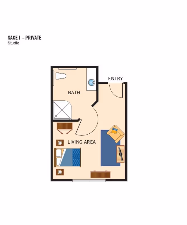 Floor plan of a private studio apartment named Sage I, showing an entry door leading into a living area with a bed, chair, table, and TV. The living area connects to a bathroom with a toilet, sink, and shower.
