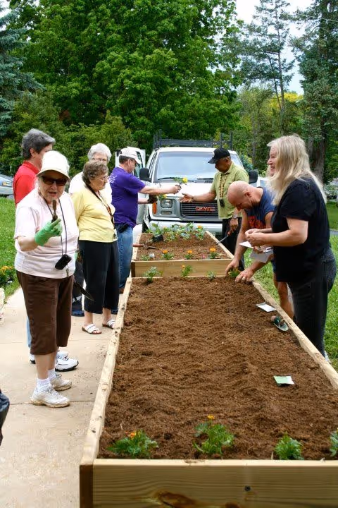A group of elderly people and a few adults are gathered around a raised garden bed outdoors, planting flowers and working with soil. They are engaged in gardening activities on a sunny day with trees and greenery in the background.